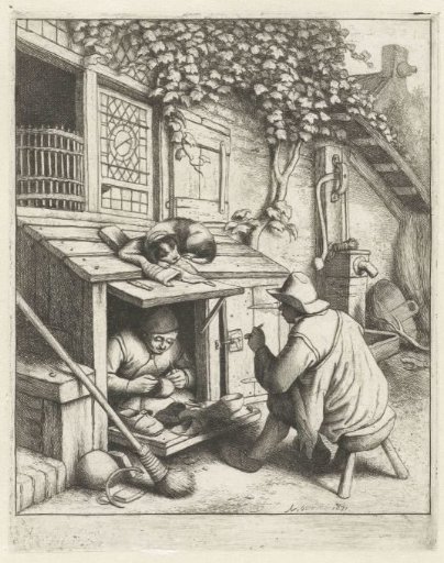 Shoemaker in his Shop in Front of his House with a Customer