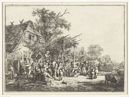 Dancing peasants in front of an inn