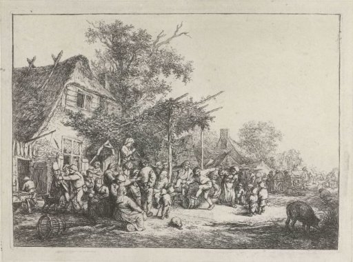 Dancing peasants in front of an inn