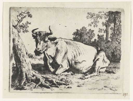 Lying cow by a tree