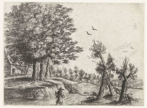 Landscape with a woman and a shepherd playing the flute