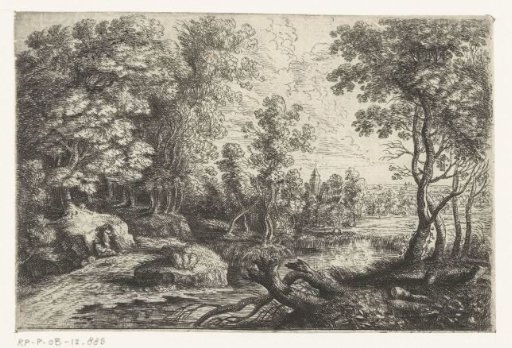 Landscape with a brook and two men resting under a tree