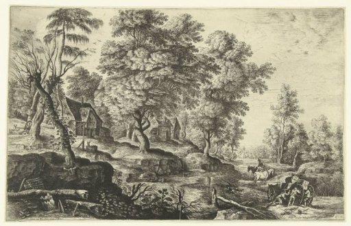 Landscape with men pushing an unharnessed wagon