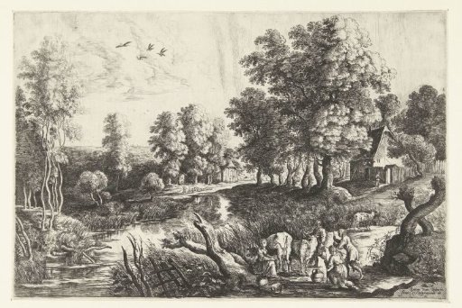 Farmers with cattle by a stream