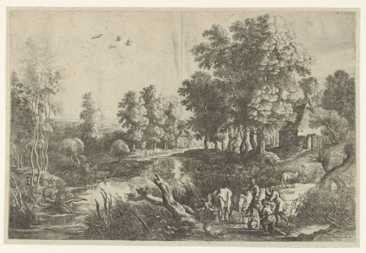 Farmers with cattle by a stream