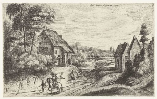 Landscape with two farmhouses along a road