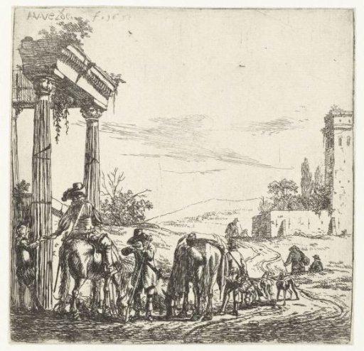 Resting hunters by a ruin