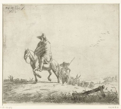 Rider and shepherds with cattle on a sandy road