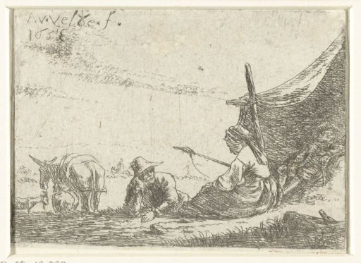 Spinning woman with two men at a tent