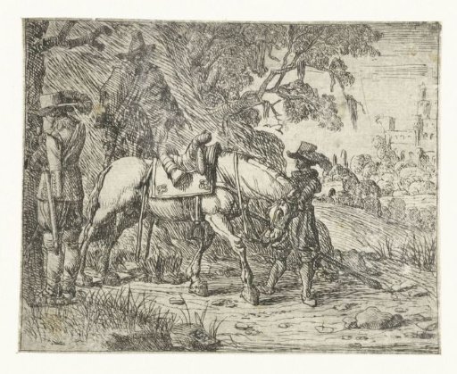 Rider Pissing at a Resting Horse with a Man and a Rider on Horseback