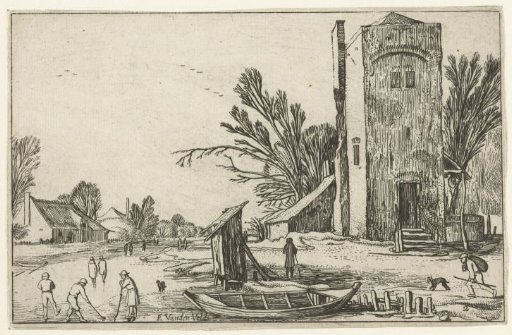 Square tower near a frozen river with kolf players