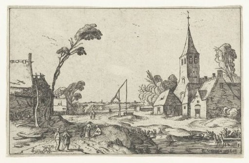 Village view with farmhouses, church and a well