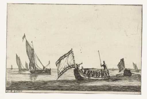 State barge and sailing ships on calm water