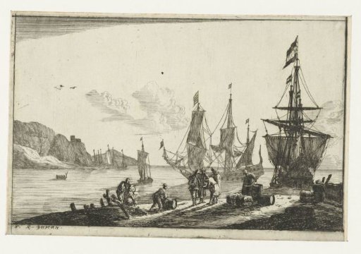 Harbour with sailing ships and sailors on the quay