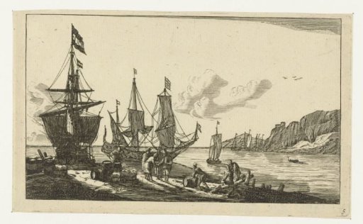 Harbour with Sailing Ships and Sailors on the Quay