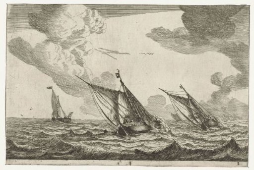 Three sailing ships on a rough sea