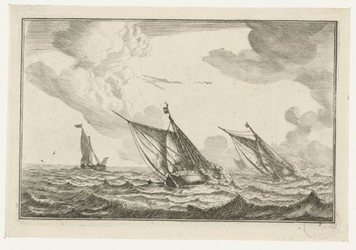Three sailing ships on a rough sea