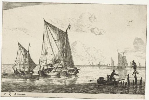 Two sailing ships and a rowing boat