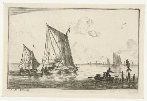 Two sailing ships and a rowing boat