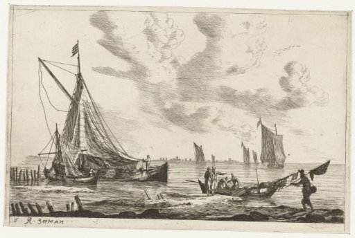 Inland water with sailing ships and fishermen on the shore