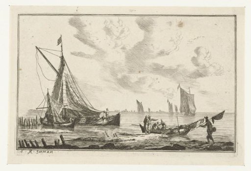 Inland water with sailing ships and fishermen on the shore