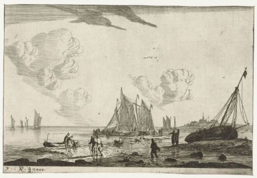 Beach with a sailing ship drawn up on the sand