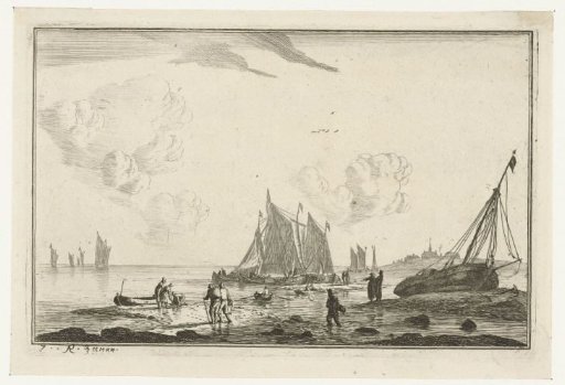 Beach with a sailing ship drawn up on the sand
