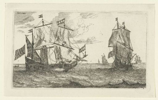 Two large sailing ships with flags
