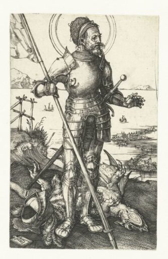 Saint George standing beside the slain dragon