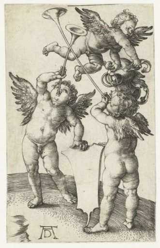 Three putti with trumpets, shield and helmet