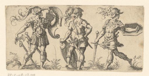 Three warriors looking to the right, one of them with an axe
