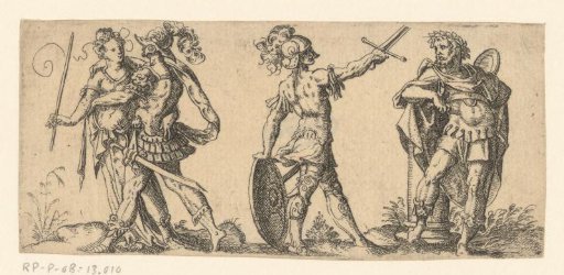 Three warriors, one of them embracing a woman