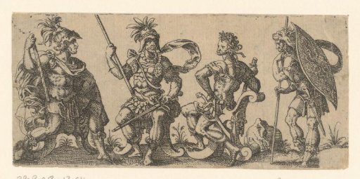 Three seated officers and a standing soldier