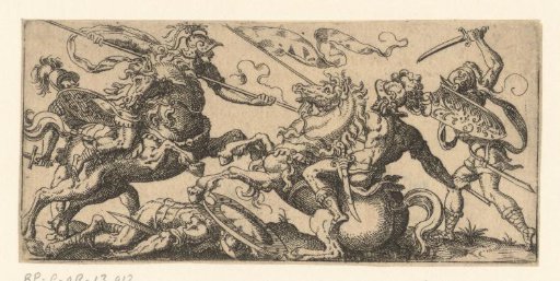 Five warriors in combat, two of whom on horseback