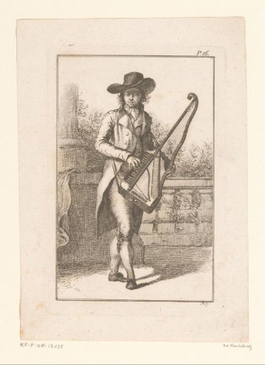Young man playing a harp in front of a balustrade