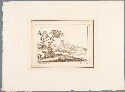 Landscape with a city in the distance, two walkers on the left in the foreground