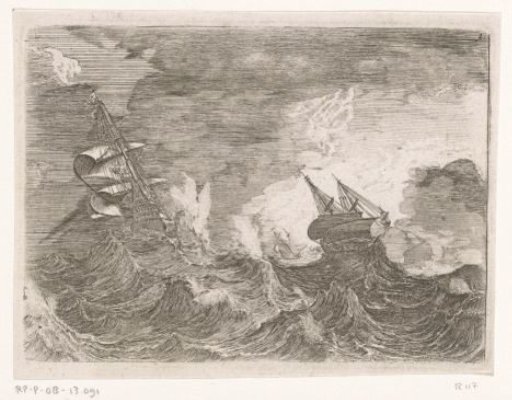 Five sailing ships at sea during a storm