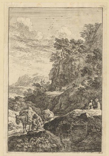 Rocky landscape with a traveller with two mules