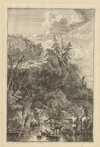 Rocky landscape, in the foreground a man with a dog and a woman on horseback