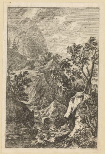 Rocky landscape with two men behind two trees on the right