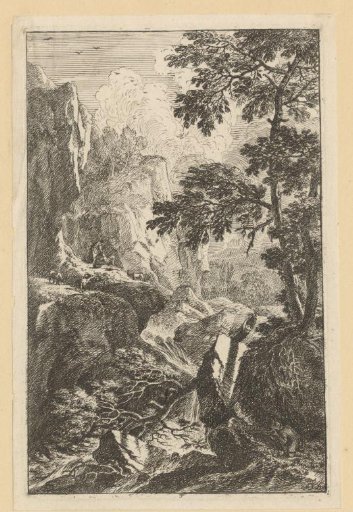 Rocky landscape with a hunter in the foreground on the right