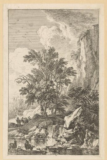 Rocky landscape with two goats on the left and two men with a dog on the right