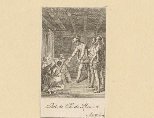 Michau, Margot, Lucas, Catau, Richard and Agathe kneeling before Henry IV