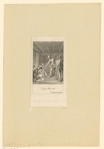 Michau, Margot, Lucas, Catau, Richard and Agathe kneeling before Henry IV