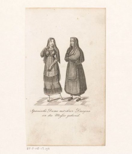 Young Spanish woman with her governess on the way to mass