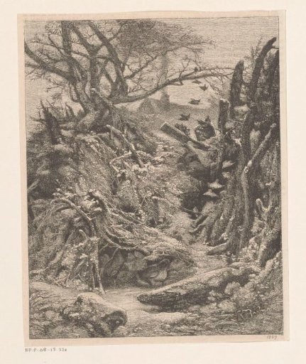 Winter scene with chickens in a shelter of branches