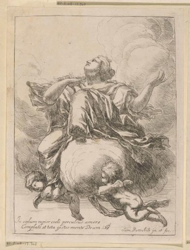 Woman on a cloud, lifted to heaven by two putti