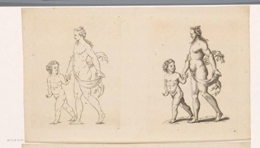 Female nude with a putto holding her hand