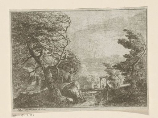 Stormy landscape with trees next to a bridge over a river