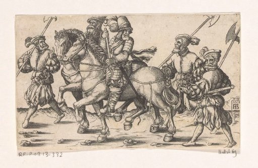 Two Officers on Horseback and Three Foot Soldiers